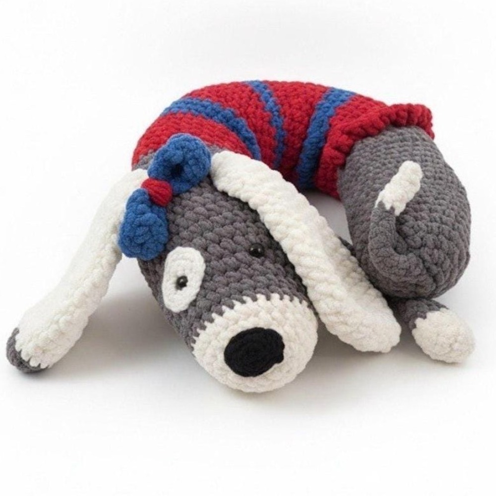 Handmade Crochet Dog Plush Grey Dachshund Striped Sweater Amigurumi Puppy Toy